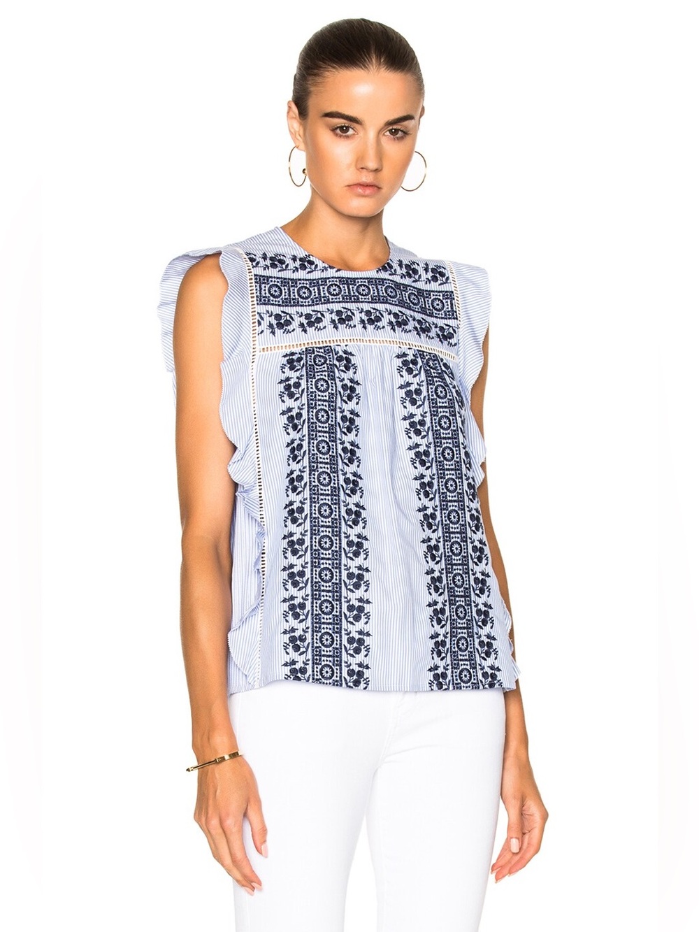 VERONICA BEARD SIZE 8~CECE EMBROIDERED EYELET RUFFLE PINSTRIPE TANK TOP BLOUSE
